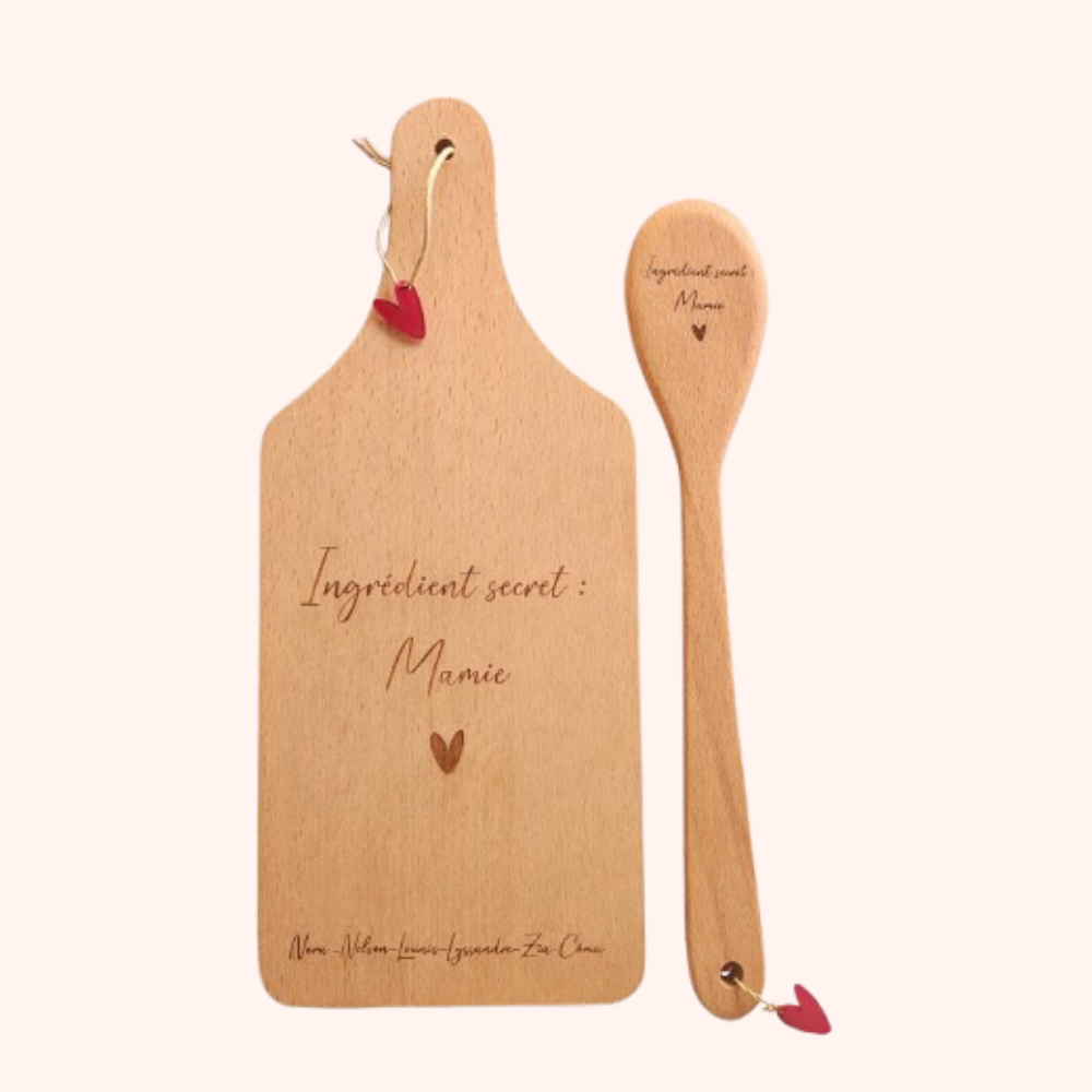 Planche à découper & cuillère personnalisées – « Ingrédient secret : … »